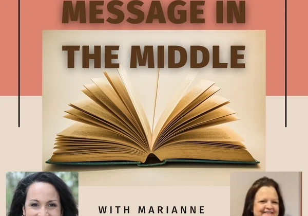 Podcast cover with an open book and hosts Marianne and Erica Thomas.
